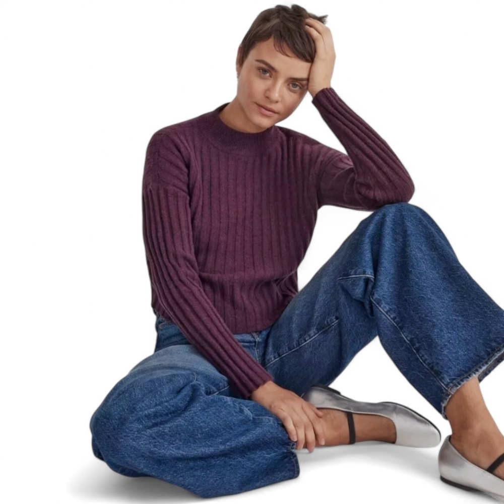 Madewell Mockneck Crop Boxy Sweater in Hthr Plum Women's Sz M‎ Wool Blend Crew